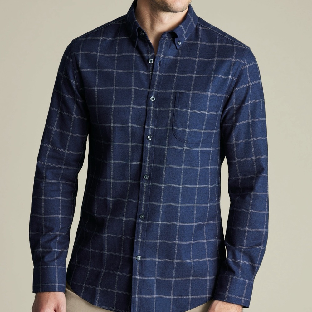 Charles Tyrwhitt Ink Blue Non-Iron Twill Windowpane Check Shirt - Picture 2 of 4